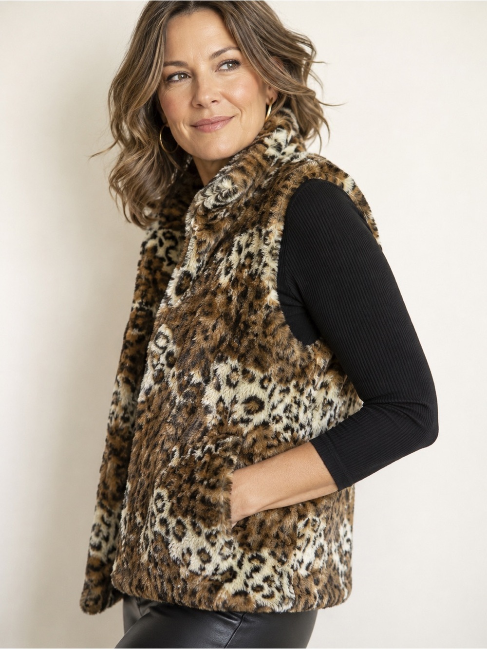 Alice + Olivia Super Soft Brown Leopard Faux Fur Dbl Collar Vest w/Pockets Sz M